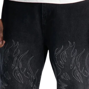 Pantalones Vaqueros Negros para Hombre, Diseño de Calavera en Llamas, Corte Recto, Estilo Vintage Lavado, Ropa Casual Urbana, Pantalones Personalizados de Moda para Hombre - Product Image 3