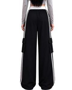 Pantalones Cargo Anchos Personalizados para Mujer, Color Negro, con Rayas Laterales Blancas, Cintura Alta, Estilo Urbano, Corte Holgado, Joggers Casuales - Product Image 2