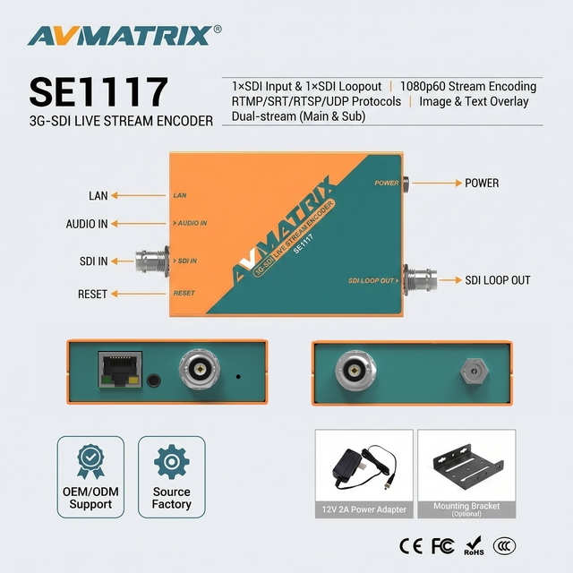 AVMATRIX SE1117 SDI to IP Streaming Encoder 1080p60 H.265 H.264 RTMP SRT RTSP for YouTube Facebook Live Broadcast