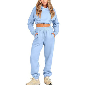 Conjunto de Sudadera Corta con Capucha y Pantalones Deportivos para Mujer, Color Azul Claro, Tejido Casual de Algodón/Fibra de Bambú, Color Sólido, Mangas Largas - Product Image 1