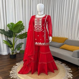 VASTRA COTTAGE Traje Sharara de Georgette Sintético con Bordado de Hilo y Lentejuelas, Conjunto de Top y Dupatta de Diseño con Encaje Elegante para Mujer - Product Image 4