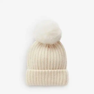 Bonnet tricoté crème avec pompon pour enfants, 52-54cm, couleur unie, chapeau d'hiver tricoté à la main, matériau acrylique, Style mignon - Product Image 2
