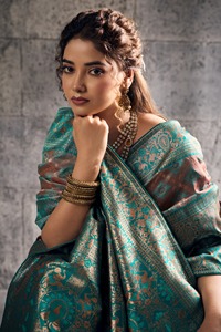 Traditional Indian <b>Silk</b> Saree Women Banarasi Zari Border Wedding Party Wear <b>Green</b> Gold Designer Ethnic Blouse Floor Length - Product Image 3