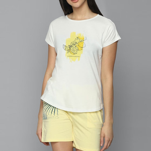 Ensemble décontracté pour femme : T-shirt blanc à col rond avec imprimé chien et short rose à motif de dessin animé, 100 % coton, coupe classique, idéal printemps-été - Product Image 4