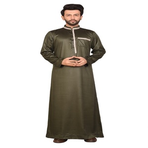 <b>Men's</b> Olive Green <b>Thobe</b> Long Sleeve Round Neck Floor Length Modest Prayer Wear Polyester Embroidery Middle East Style Ramadan - Product Image 1
