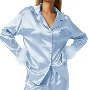 High Quality Customized Women's Sleep Dress Luxury Sleepwear Satin Silk Pajamas Designer Ostrich <b>Feather</b> <b>Cuffs</b> Women Pajamas Set - Product Image 2