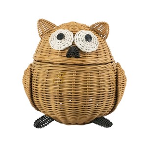 Handwoven Natural Owl Rattan Storage Basket with <b>Cover</b> Eco Friendly Indoor Garden Kids Room Toy <b>Bin</b> Nursery Decor - Product Image 1