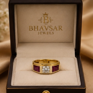22K Gold Band Ring for Men Featuring a Central Round Brilliant Solitaire and Two Ruby Red Baguette Gemstones - Product Image 5