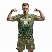Conjunto de Camiseta de Fútbol Personalizada Verde Oliva con Patrón Geométrico, Cuello en V, Manga Corta, Absorbe la Humedad, Unisex para Adultos, Impresión Sublimada 100%