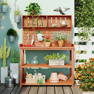65\" Large Rustic Outdoor Garden Potting Bench Farmhouse-Style Patio <b>Workstation</b> with 4 Storage Shelves - Product Image 2