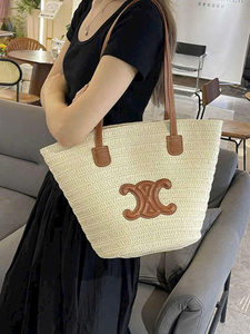 Bolso de mano de paja vintage para mujer, moda de verano, con cadenas de perlas, forro de algodón, cremallera, bordado, lazo, plumas y borlas, para playa y picnic - Product Image 2