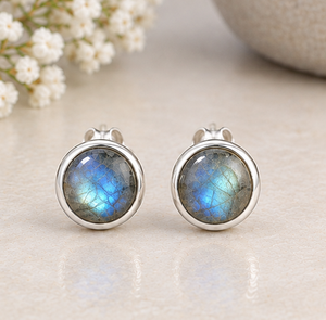 Labradorite <b>Silver</b> <b>Stud</b> <b>Earrings</b>, Natural Labradorite Gemstone <b>Earrings</b>, 925 <b>Sterling</b> <b>Silver</b> Round <b>Studs</b>, - Product Image 3