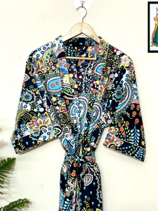 Bata Kimono de Algodón Azul Paisley con Estampado Floral para Mujer, Estilo Otoñal, Bolsillos Dobles, Mangas Largas, Cuello en V, Regalo de Navidad - Product Image 3