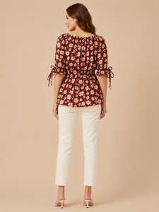 Wholesale Premium Maroon Color Floral Print <b>Top</b> O <b>Neck</b> Half Sleeve <b>Tie</b> Cuff Smocked Waist Casual Summer Daily Wear Crop <b>Top</b> - Product Image 4