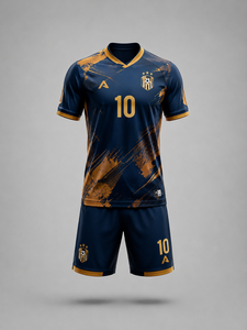 Conjunto de Uniforme de Fútbol Personalizado para Hombre, Cuello en V, Manga Corta, Color Azul Marino Sólido, Dorado en Relieve, Impresión Digital, Poliéster Transpirable, Adulto, Alta Calidad - Product Image 2