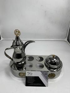 Juego de cafetera y tetera Dallah de latón con diseño árabe láser, con soporte metálico, cuencos, calentador de leche, portátil y ecológico. - Product Image 2