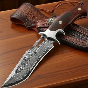 Cuchillo de caza personalizado OEM/ODM de 10 pulgadas, forjado a mano en Damasco, con hoja de punta de clip, mango de madera y funda de cuero (Grado DIY) - Product Image 2