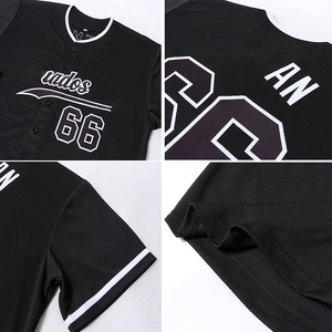 Maillot de baseball noir personnalisé pour homme, col en V, manches courtes, ajusté, en polyester, nom et numéro de l'équipe imprimés par transfert thermique sur le devant, respirant - Product Image 4
