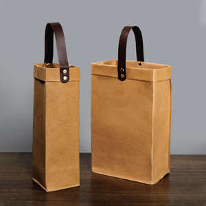 Sac cadeau en papier kraft lavable de haute qualité avec logo personnalisé, respectueux de l'environnement, sac pour bouteille de vin avec poignée en PU - Product Image 1