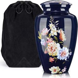 Urnes funéraires métalliques bleu marine florales pour cendres, élégantes urnes commémoratives pour adultes, urnes métalliques décoratives avec sac de conservation - Product Image 1