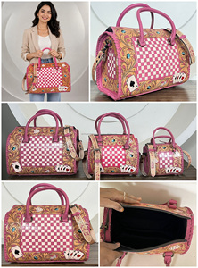 กระเป๋าเดินทางหนังแท้ลายดอกไม้และลายการ์ด ขนาดใหญ่ รุ่น Speedy Bag ปี 2026 จากโรงงานโดยตรง พร้อมลายตารางหมากรุกสีชมพูและสีขาว - Product Image 3