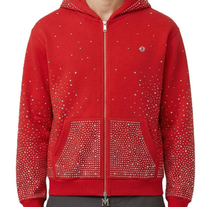 Sudaderas con cremallera completa de algodón polar con pedrería en toda la prenda, estilo oversize, diseño de cristales, logotipo personalizado, suministro al por mayor - Product Image 2