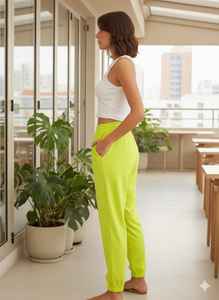 Pantalones Harem de Algodón Verde Lima Sólido para Mujer, Cintura Alta Elástica, Transpirables, Casuales, con Puños en los Tobillos, Silueta Holgada de Verano - Product Image 2