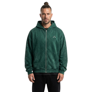 Vente en gros Sweat à capuche vert pin en molleton de coton à fermeture éclair intégrale, délavé à l'acide, à épaules tombantes minimalistes, vêtement d'extérieur décontracté et chaud - Product Image 2