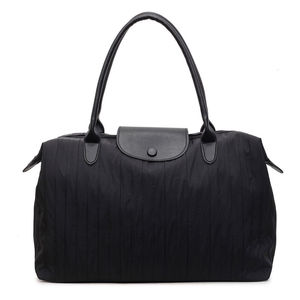 Black Pleated Nylon Travel <b>Duffel</b> <b>Bag</b> <b>Leather</b> Trim Snap Closure Overnight Carry On <b>Bag</b> - Product Image 1