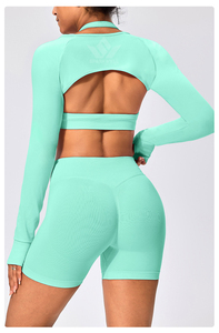 Conjunto de Yoga de 3 Piezas para Mujer, Bra Deportivo, Shorts de Cintura Alta, Top Corto con Orificios para el Pulgar, Ropa Deportiva de Secado Rápido - Product Image 6