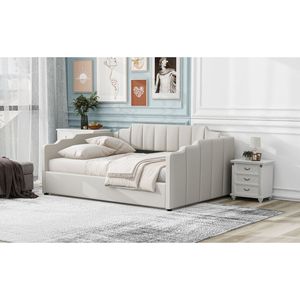 Divano letto imbottito beige a grandezza naturale con comoda vano contenitore sotto il telaio - Product Image 6