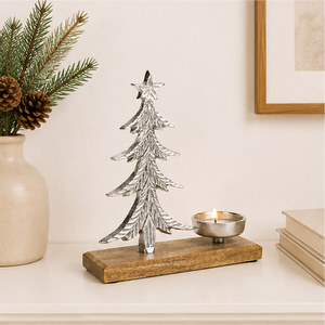 Handcrafted Nickel-Plated Aluminum Christmas Tree Candle Holder With Natural Mango Wood Base Modern Festive <b>Tea</b> Light <b>Stand</b> - Product Image 3