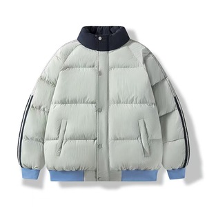 <b>Men's</b> Black Stand Collar Puffer <b>Jacket</b> With <b>White</b> Striped Sleeves Thick Polyester Winter Casual Coat Button Closure - Product Image 4