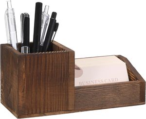 <b>Vintage</b> Wood Business Card Holder Stand for Desk with Pen Pencil Cup 2 Slots Business Card Display Holder Organizer <b>Box</b> - Product Image 2