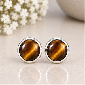 Tiger Eye <b>Silver</b> <b>Stud</b> <b>Earrings</b>, Natural Tiger Eye Gemstone <b>Earrings</b>, 925 Sterling <b>Silver</b> Round <b>Studs</b>, Golden Brown Jewelry - Product Image 4