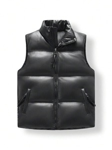 <b>Men's</b> Black Stand Collar PU <b>Leather</b> Padded <b>Vest</b> With Zipper Closure Windproof Casual Winter Outerwear - Product Image 1