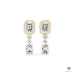 Boucles d'oreilles pendantes en or jaune 14 carats avec émeraude et diamant ovale de laboratoire de 3,03 carats en or massif - Product Image 1