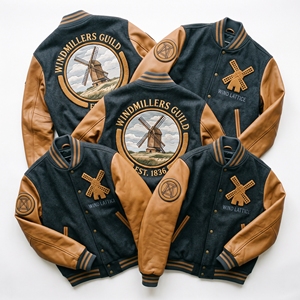 Veste universitaire personnalisée OEM en laine avec manches en cuir, broderie Flume Operators et patch Timber Roller, manteau vert - Product Image 6