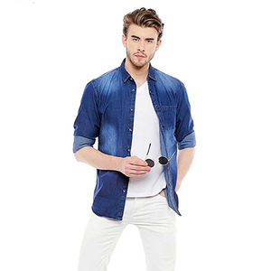 Chemises en jean anti-plis pour hommes, nouveau style été, couleur unie, manches longues, imprimé tendance, tissu en coton, vente en gros - Product Image 6