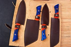 Juego de Cuchillos de Chef de Acero de Damasco Forjado a Mano, Cuchillos de Cocina Profesionales Hechos a Mano, Juego de Cuatro Piezas, Mango de Madera Pakka Ambidiestro - Product Image 4