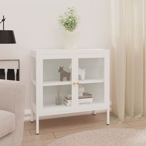 Buffet en acier thermolaqué blanc avec verre trempé, armoires de salon de taille moyenne - Product Image 1