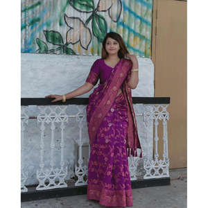BANARASI DE MODA COBRE DE SEDA SUAVE ZARI TEJIDO TRABAJO SAREE CON BLUSA DESCOSTADA VINO - Product Image 1