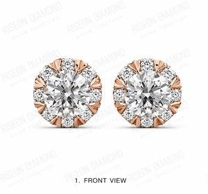 Elegant floral inspired halo diamond stud earrings in 18K <b>rose</b> gold with round center stone and petal accent diamonds for sparkl - Product Image 4