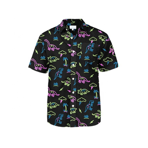 Men's Black Short Sleeve Casual <b>Shirt</b> With Cartoon Dinosaur Print Regular Fit Digital Printed <b>Polyester</b> Woven Fabric - Product Image 1