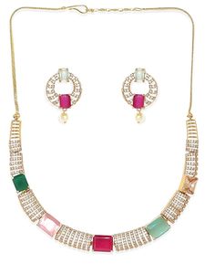 Ensemble collier et boucles d'oreilles en alliage plaqué or avec cristaux roses et verts, design géométrique, pour femmes, bijoux de fête - Product Image 4