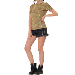 T-shirt femme en jersey extensible polyester et élasthanne, imprimé personnalisé, coupe ajustée, jaune et noir, motif abstrait, décontracté - Product Image 4