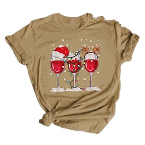 Fashionable Custom khaki plus size printed Women Graphic TShirt Festive Santa <b>Hat</b> Lights Reindeer <b>stand</b> collar CrewNeck tshirt - Product Image 1