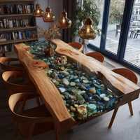 Table à manger / Table basse en bois avec plateau en résine époxy ronde personnalisée en gros