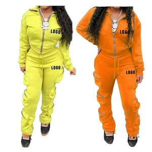 Wholesale Custom Embroidery Letters Zipper Box <b>Pockets</b> Loose Bottom Pants & <b>Zip</b> Up Stand Collar <b>Hoodie</b> Fall Streetwear Tracksuit - Product Image 1