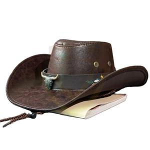Chapeau de cowboy occidental vintage en cuir naturel avec décoration tête de vache pour homme - Product Image 2
